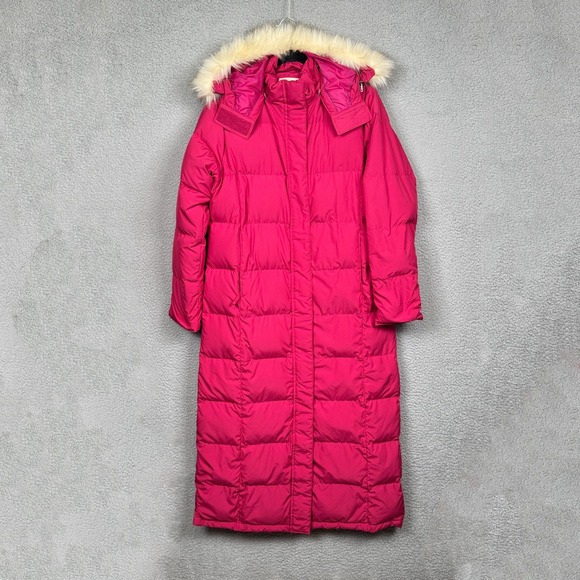 LL Bean Coat Womens M Pink Full Length Goose Down Long Parka Faux Fur Trim Hood - Picture 1 of 15